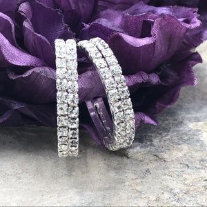 🌼 Double Row 2 Rhinestone Silver Tone Hoop Earrings